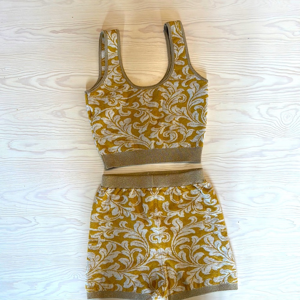 Sandro gold and white, two piece shorts and crop top